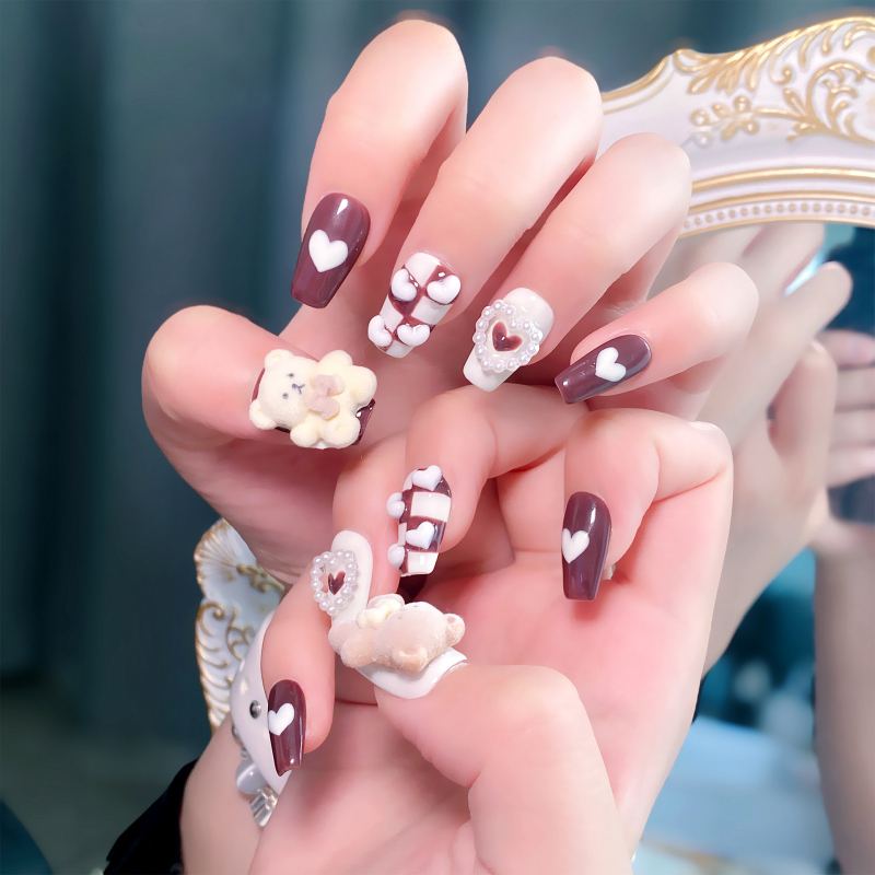 Χειροποίητες αυτοκόλλητες επικολλήσεις νυχιών – γλυκό μοτίβο αρκούδας, οβάλ μαργαριτου, μινιμαλιστικό πρωτότυπο σχέδιο