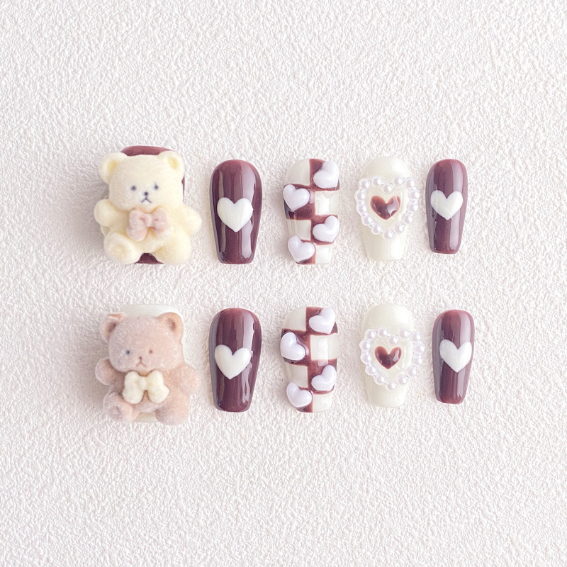 Χειροποίητες αυτοκόλλητες επικολλήσεις νυχιών – γλυκό μοτίβο αρκούδας, οβάλ μαργαριτου, μινιμαλιστικό πρωτότυπο σχέδιο