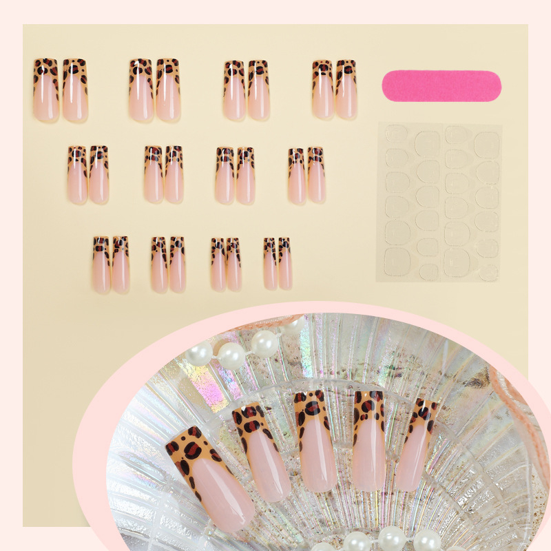 24 бр. дълги фалшиви нокти за самозалепване с леопардов принт, френски стил