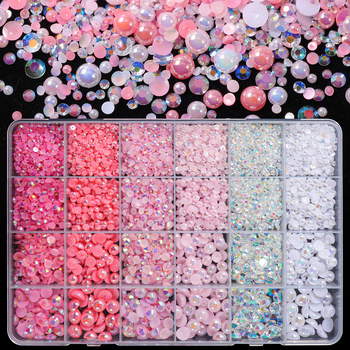 Set dekoracije nokta, kutija s 24 odjeljka, perle i smola, dijamanti s plosnim leđima, DIY, Serija Princeza