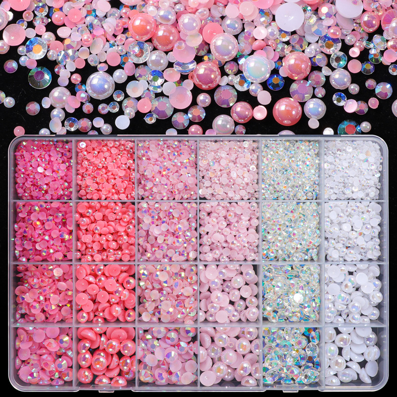 Set dekoracije nokta, kutija s 24 odjeljka, perle i smola, dijamanti s plosnim leđima, DIY, Serija Princeza