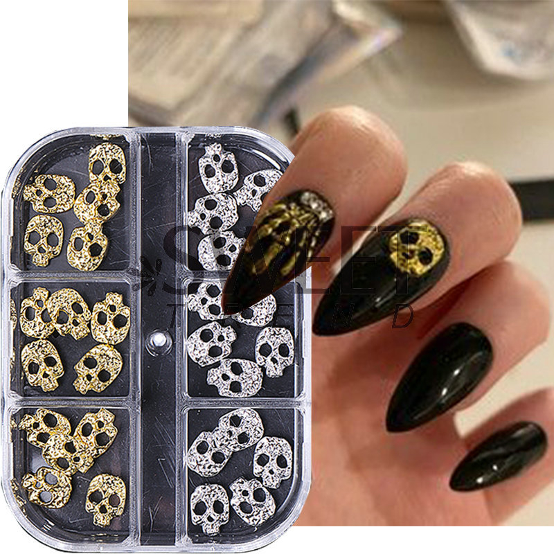 Ukrasi za nokte za Halloween – glava lubanje od metalne legure, crtani uzorak, vintage stil, dodaci za Halloween