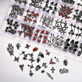 Set ukrasa za nokte od legure, Halloween tema, motivi: lubanja, pauk i šišmiš, u kutiji