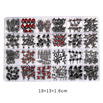 Set ukrasa za nokte od legure, Halloween tema, motivi: lubanja, pauk i šišmiš, u kutiji