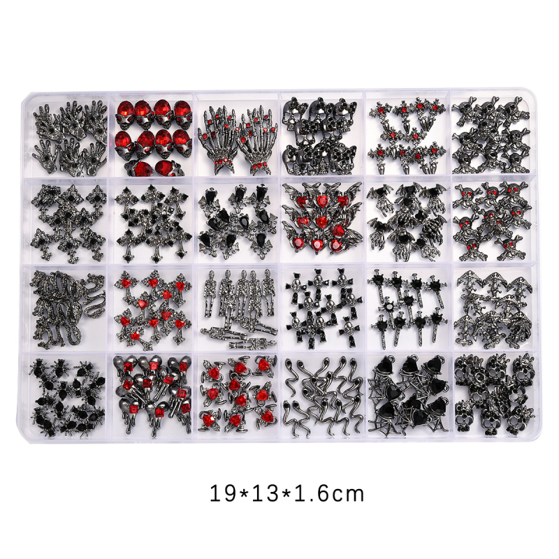 Set ukrasa za nokte od legure, Halloween tema, motivi: lubanja, pauk i šišmiš, u kutiji