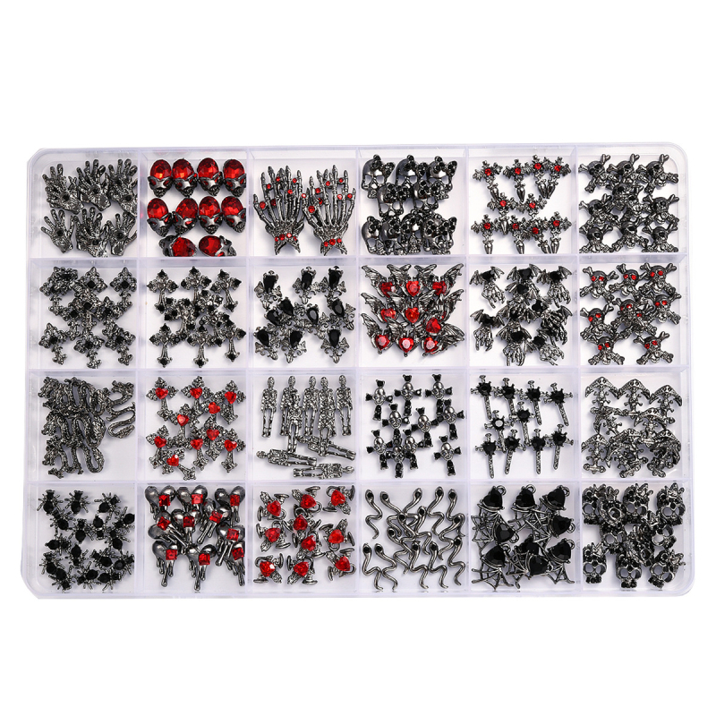 Set ukrasa za nokte od legure, Halloween tema, motivi: lubanja, pauk i šišmiš, u kutiji