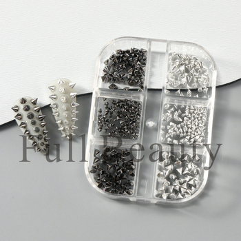 Комплект ривети за маникюр с 6 отделения, куршумовидни ривети, панк стил, метал