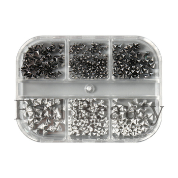 Комплект ривети за маникюр с 6 отделения, куршумовидни ривети, панк стил, метал