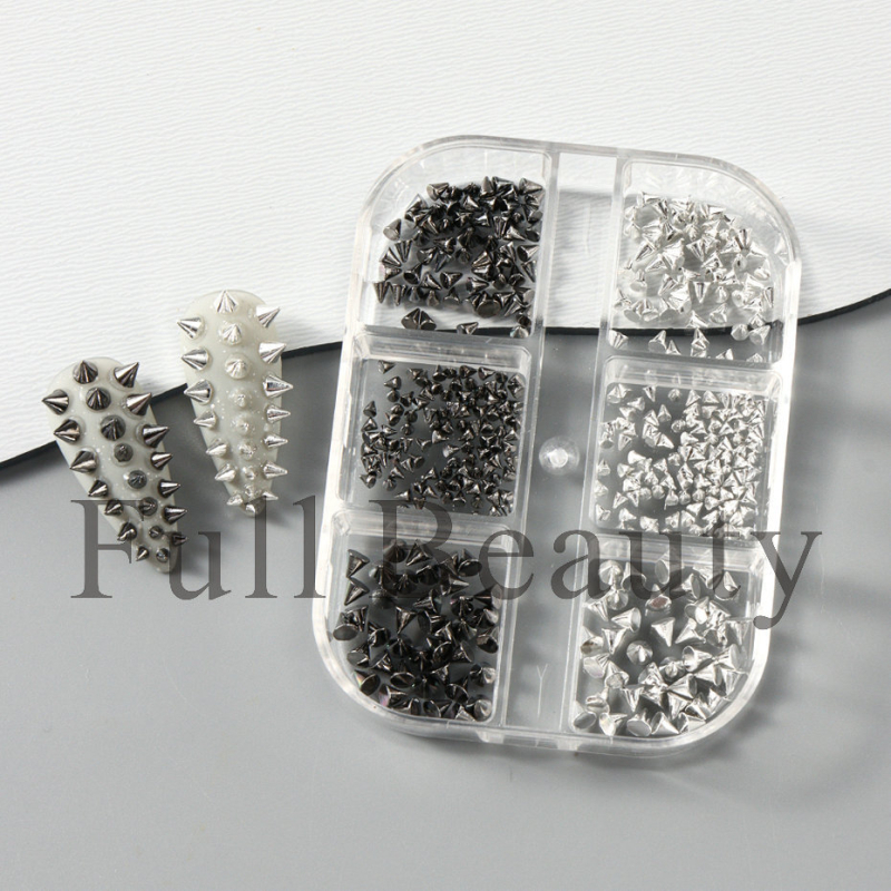 Комплект ривети за маникюр с 6 отделения, куршумовидни ривети, панк стил, метал