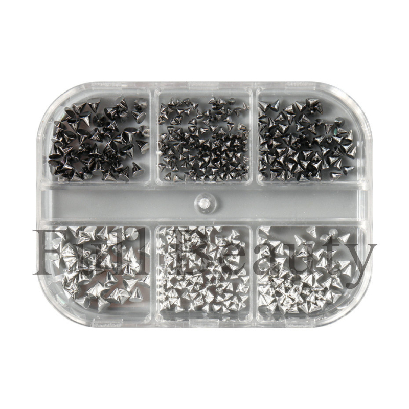 Комплект ривети за маникюр с 6 отделения, куршумовидни ривети, панк стил, метал