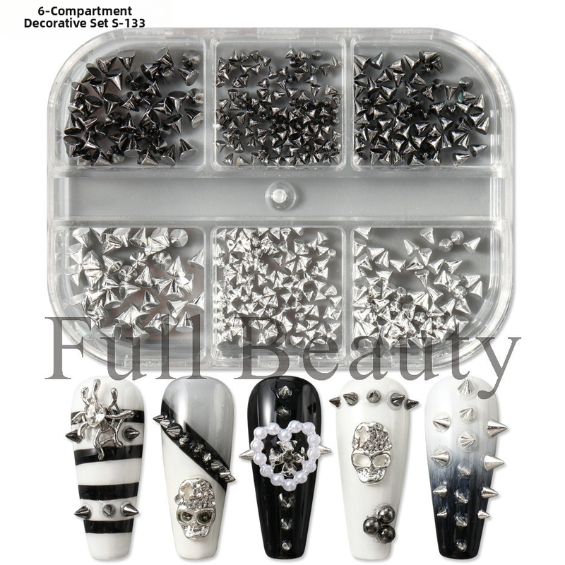 Комплект ривети за маникюр с 6 отделения, куршумовидни ривети, панк стил, метал