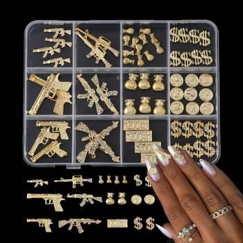 Nail art dekoracije – 3D metalni privjesci u obliku novčane torbice, punk stil, set s kutijom od 12 pretinaca