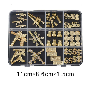 Nail art dekoracije – 3D metalni privjesci u obliku novčane torbice, punk stil, set s kutijom od 12 pretinaca