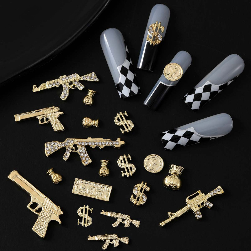 Nail art dekoracije – 3D metalni privjesci u obliku novčane torbice, punk stil, set s kutijom od 12 pretinaca