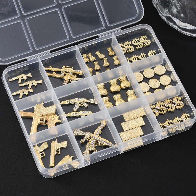 Nail art dekoracije – 3D metalni privjesci u obliku novčane torbice, punk stil, set s kutijom od 12 pretinaca