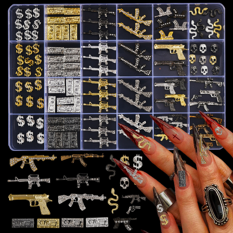 Set nakita za nokte, kutija s 24 pretinaca, metalna legura, vintage i glam stil, kodovi uzoraka 4419639 i 3656926, porijeklo Zhejiang