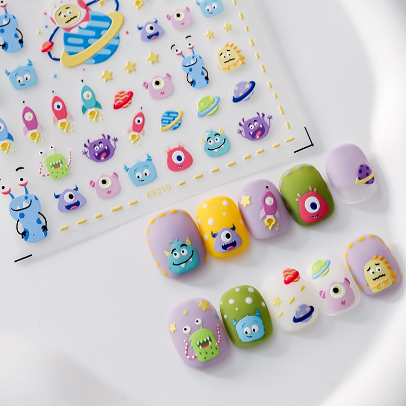 Nokti naljepnice s reljefnim dizajnom, prozirne i tanke, s ljepilom na stražnjoj strani, 3D karikatura uzorak, KX suradnja serija