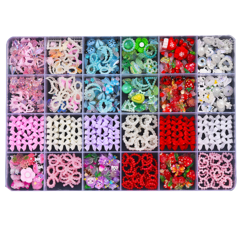 Dekoracije za nokte od smole u kutiji sa 24 pretinaca, s perlama; motivi: cvijeće, srce, mašnica i leptir; stil Ins, sladak, minimalistički