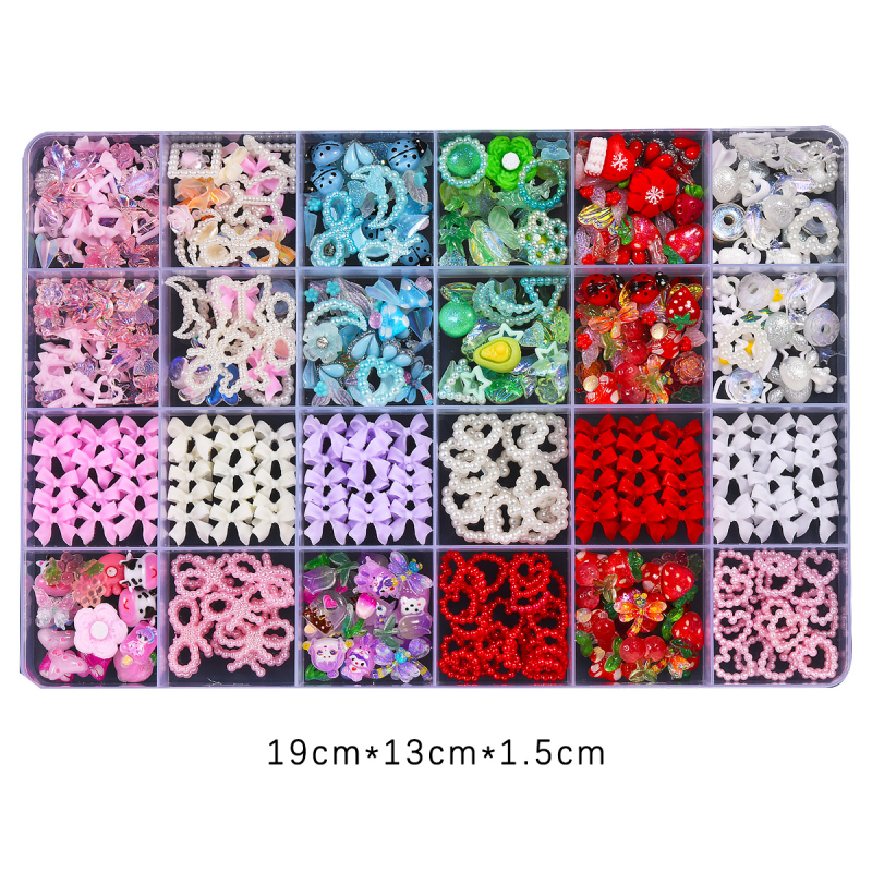 Dekoracije za nokte od smole u kutiji sa 24 pretinaca, s perlama; motivi: cvijeće, srce, mašnica i leptir; stil Ins, sladak, minimalistički