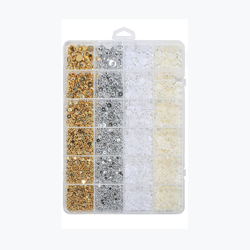 Dodatak za nokte s imitacijskim perlama, polukružna ravna baza, checkerboard uzorak s 24 polja, Princess serija, minimalistički INS stil