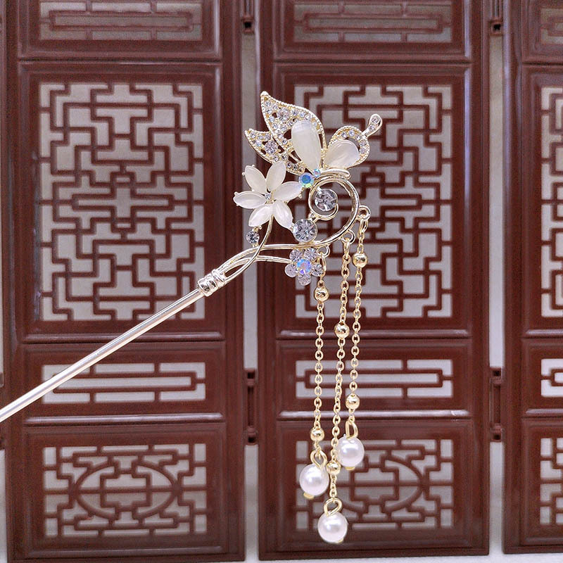 Plaukų segtukas su kutais ir Cat`s Eye kristalais, antikiniu stiliumi gėlių motyvas, Hanfu aksesuaras