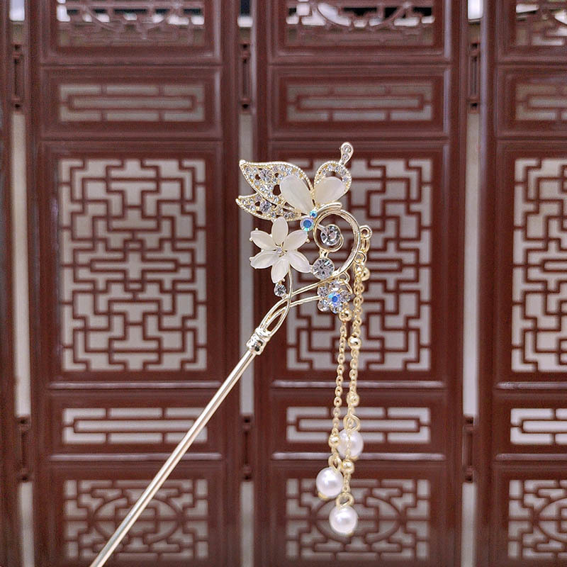 Plaukų segtukas su kutais ir Cat`s Eye kristalais, antikiniu stiliumi gėlių motyvas, Hanfu aksesuaras