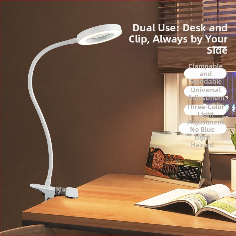 5x nagyítású asztali lámpa USB-tápegységgel, fém clamp, 360°-ban forgatható hajlékony cső, háromszínű világítás és 10 fényerő-szint