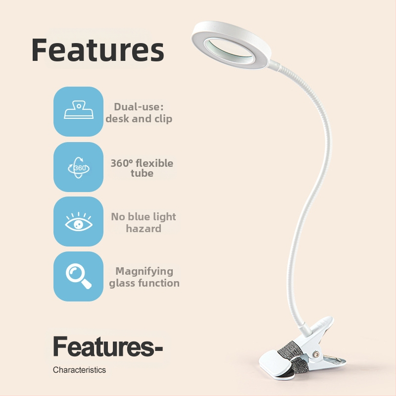 Настолна лампа с 5x увеличение, USB захранване, метална щипка за монтаж, гъвкав 360° въртящ се шланг, трицветно осветление и 10 нива на яркост