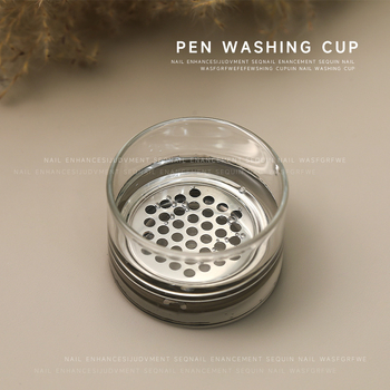 Κύπελλο καθαρισμού πινέλων για σχέδια νυχιών με καπάκι, διαφανές γυάλινο σώμα και φίλτρο από ανοξείδωτο ατσάλι