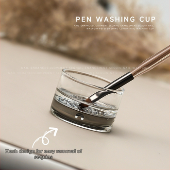 Κύπελλο καθαρισμού πινέλων για σχέδια νυχιών με καπάκι, διαφανές γυάλινο σώμα και φίλτρο από ανοξείδωτο ατσάλι