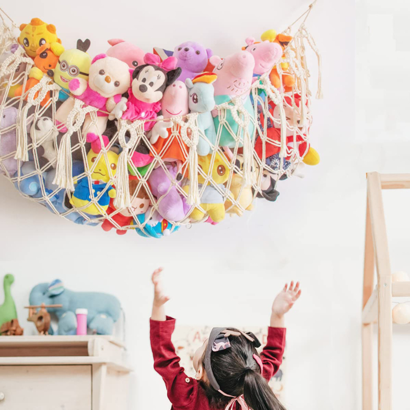 Bohemiškas rankų pynimo žaislų laikymo hamakas, sieninis, modelis 8014, medžiaga medvilnė ir linas, daugiafunkcinis laikymas svetainėje