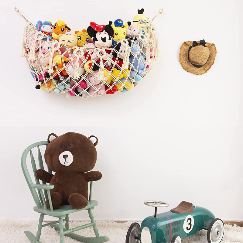 Bohemiškas rankų pynimo žaislų laikymo hamakas, sieninis, modelis 8014, medžiaga medvilnė ir linas, daugiafunkcinis laikymas svetainėje