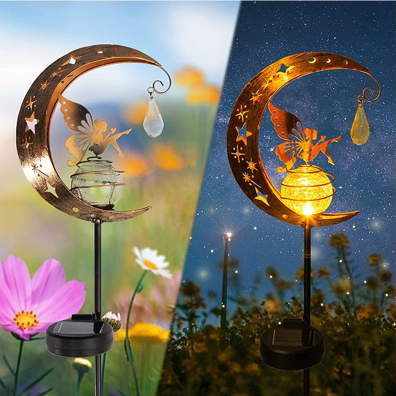 Solárna Lampa Mesiac Víla pre Vonkajšiu Záhradu – Vintage železo a sklo, záhradné svetlo na kolík, IP44, 0.16W, 6–12 h