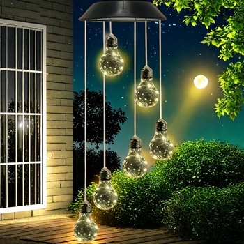 Lumină solară LED pentru exterior, bulb sferic cu clopot de vânt (sursă LED, putere 0,02 W, durată de funcționare 6–12 h, întrerupător inductiv)