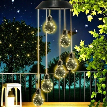 Lumină solară LED pentru exterior, bulb sferic cu clopot de vânt (sursă LED, putere 0,02 W, durată de funcționare 6–12 h, întrerupător inductiv)