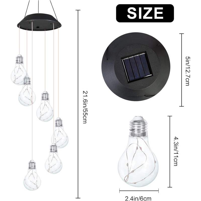 Lumină solară LED pentru exterior, bulb sferic cu clopot de vânt (sursă LED, putere 0,02 W, durată de funcționare 6–12 h, întrerupător inductiv)