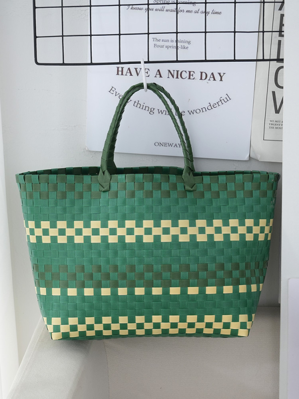 Плетена чанта за носене с открит връх, вертикална квадратна форма, PU подплата – свеж и сладък стил