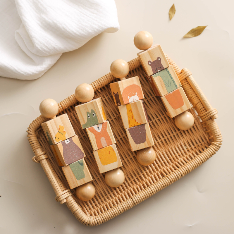 Дървена многофункционална въртяща се животинска форма играчка за съчетаване и дрънкалка, за бебета 0-3 г.