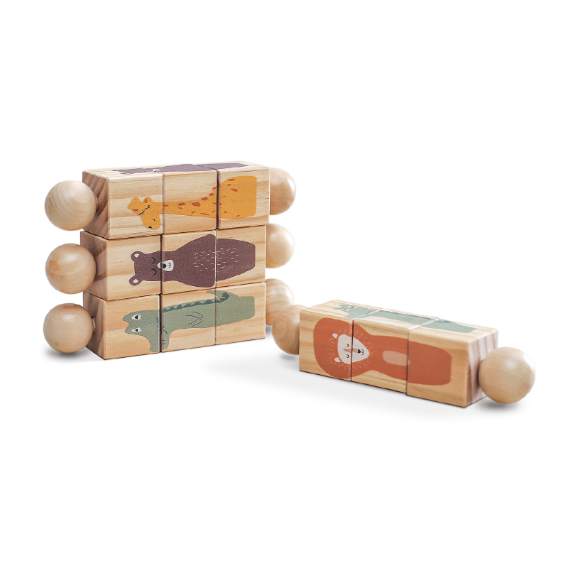 Дървена многофункционална въртяща се животинска форма играчка за съчетаване и дрънкалка, за бебета 0-3 г.