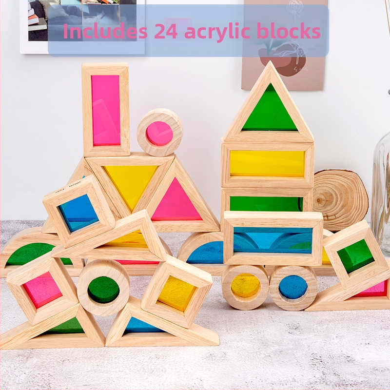 Gumifa faépítő blokkok akril szivárvány darabokkal, logó testreszabás, 4–6 éveseknek, 0–38 db, 0,95 kg