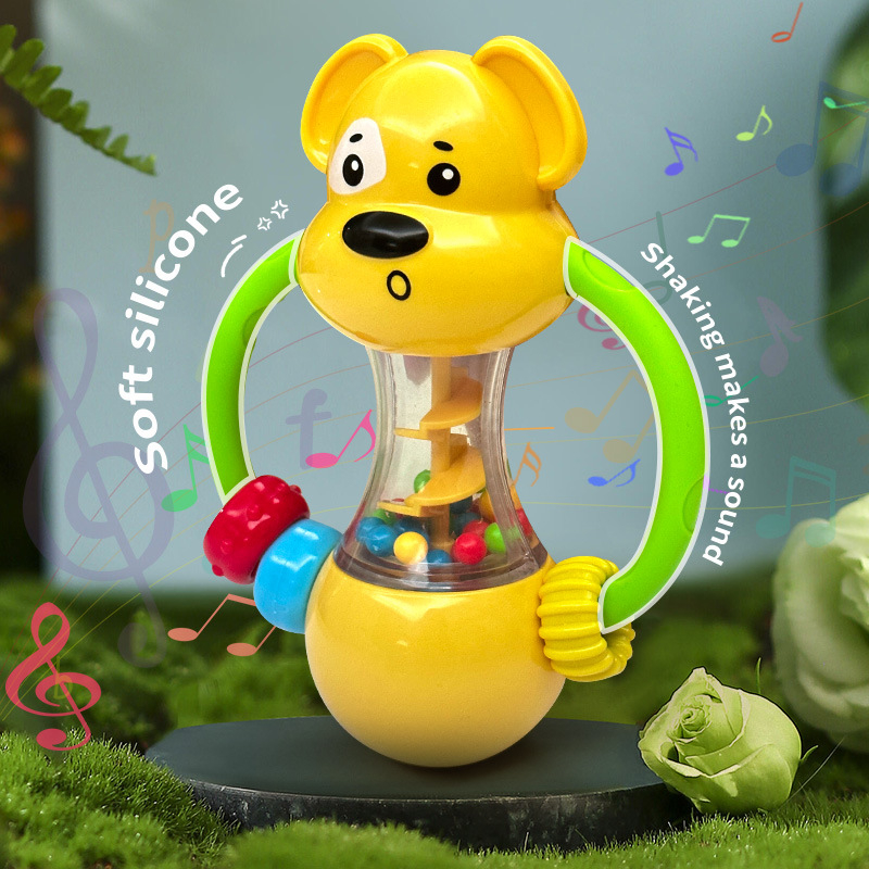 Бебешка играчка: ръчна топка-дрънкалка с форма на кученце, мека гумена дъвкалка, за 0–3 години, развива захвата и координацията ръка-око