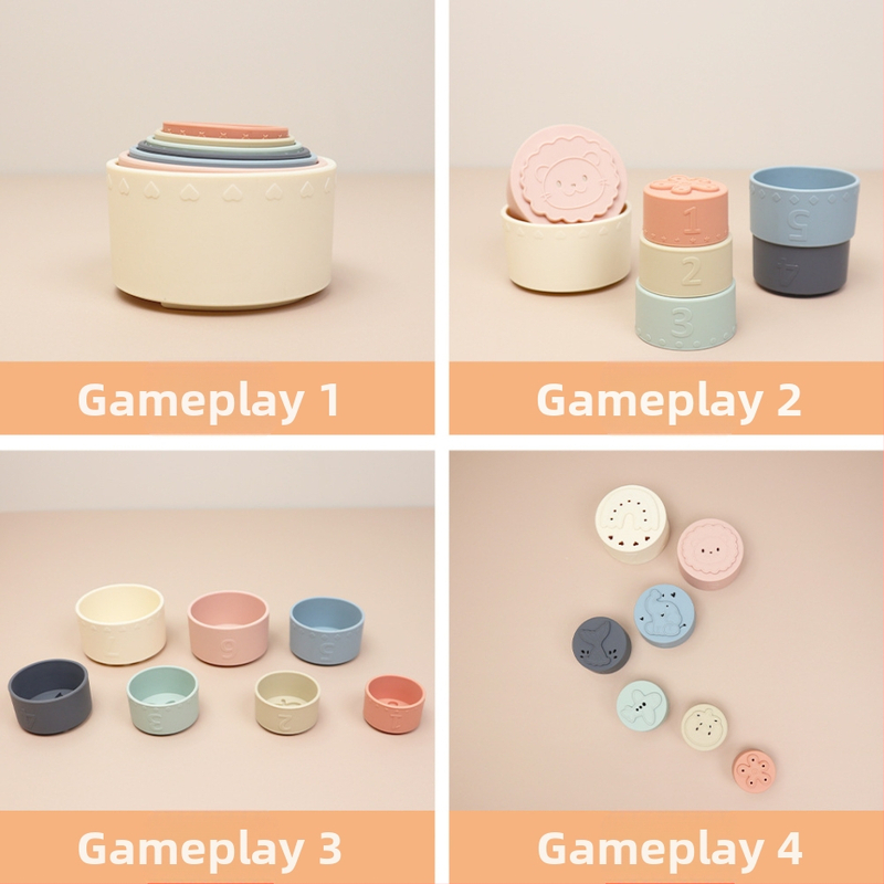 Mirake Силиконови чаши за подреждане за бебета – дъвчаеми образователни блокчета, за 0–2 г, опаковка тип бонбон, издание есен 2024