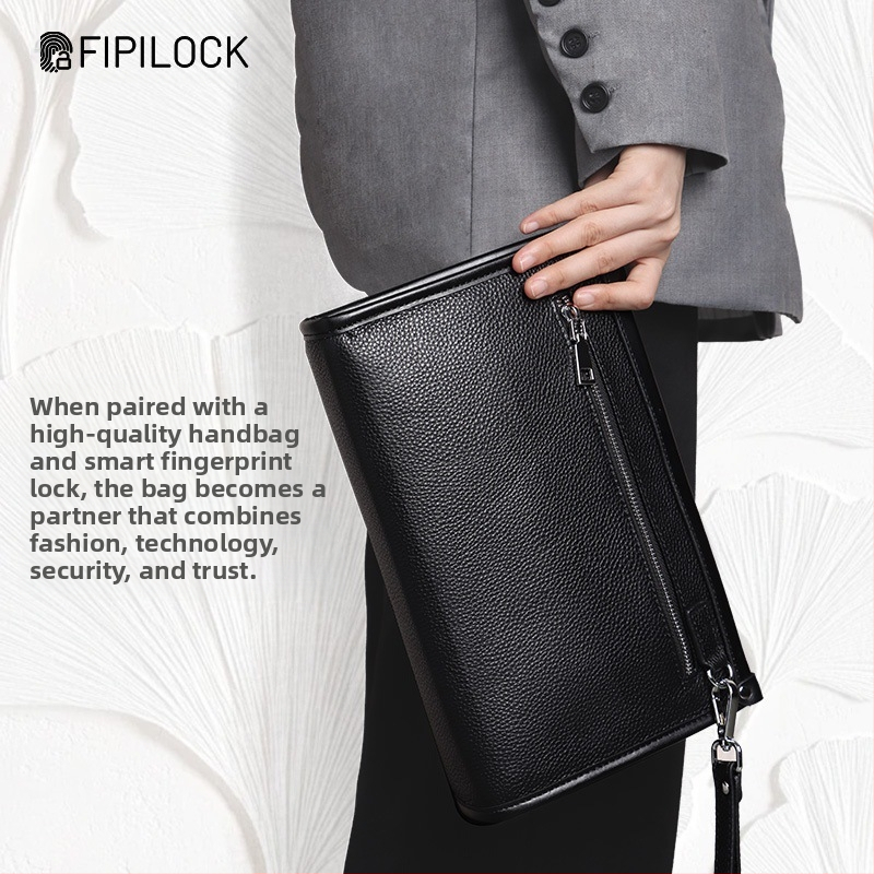 Мъжки кожен клъч с голям капацитет и заключване с пръстов отпечатък - антикрадба, първи слой телешка кожа, бизнес стил