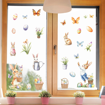 PVC vízálló ablakfalikép - modern minimalista stílus, rajzolt nyuszika, tojások, pillangó és retek motívumokkal, nappaliba, hálószobába és kereskedelmi célokra