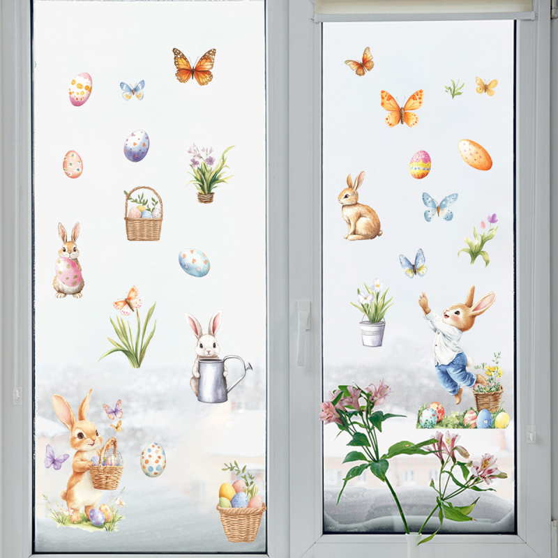 PVC vízálló ablakfalikép - modern minimalista stílus, rajzolt nyuszika, tojások, pillangó és retek motívumokkal, nappaliba, hálószobába és kereskedelmi célokra