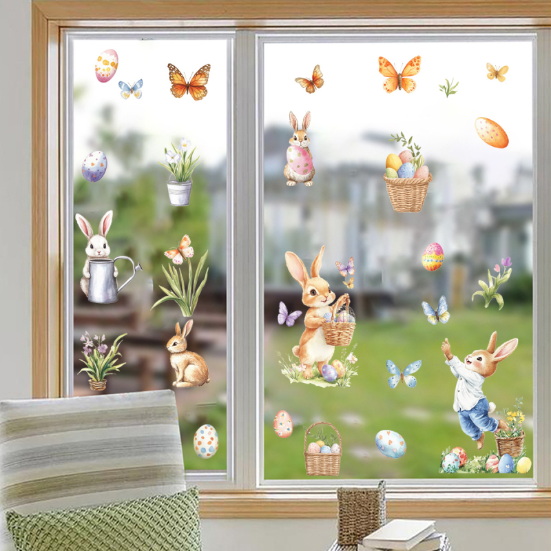 PVC vízálló ablakfalikép - modern minimalista stílus, rajzolt nyuszika, tojások, pillangó és retek motívumokkal, nappaliba, hálószobába és kereskedelmi célokra