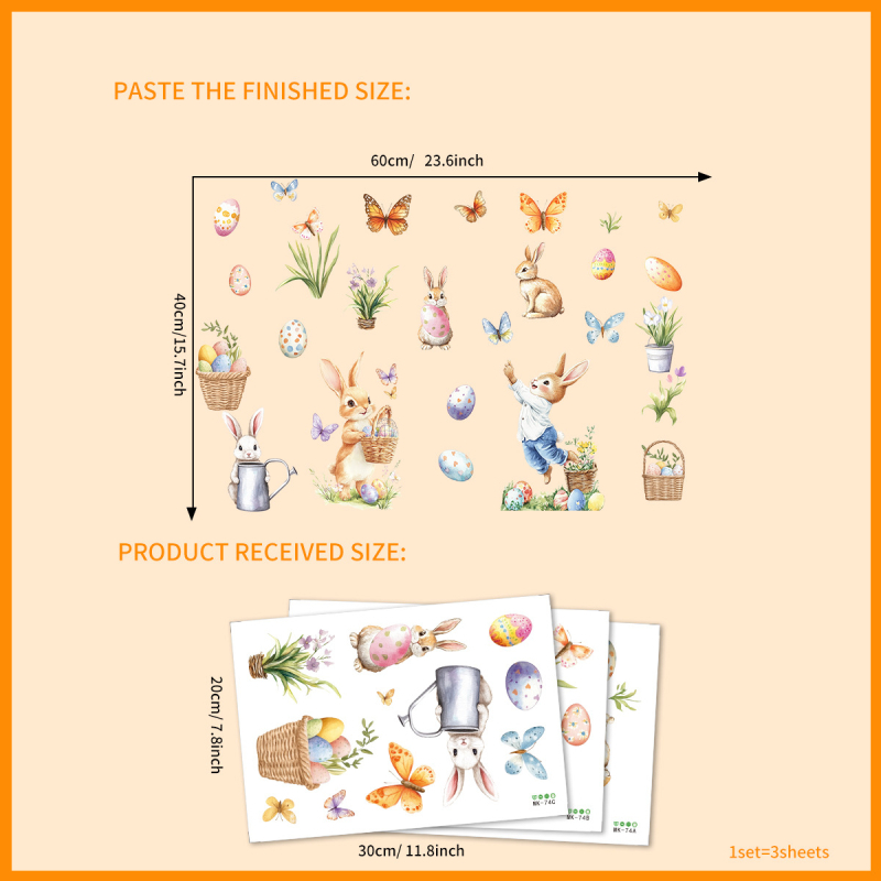 PVC vízálló ablakfalikép - modern minimalista stílus, rajzolt nyuszika, tojások, pillangó és retek motívumokkal, nappaliba, hálószobába és kereskedelmi célokra