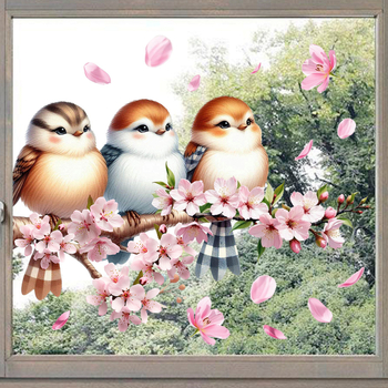 Aike Γυάλινο Αυτοκόλλητο Διακόσμησης - Κλαδί με Ροδακινιά και Σπουργίτη, Ηλεκτροστατική Πρόσκολληση, PVC, Μοντέρνο Minimal, 1 τεμάχιο, Σαλόνι και Υπνοδωμάτιο