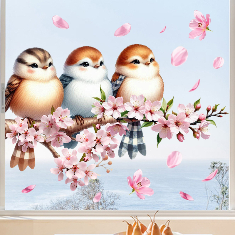 Aike Γυάλινο Αυτοκόλλητο Διακόσμησης - Κλαδί με Ροδακινιά και Σπουργίτη, Ηλεκτροστατική Πρόσκολληση, PVC, Μοντέρνο Minimal, 1 τεμάχιο, Σαλόνι και Υπνοδωμάτιο