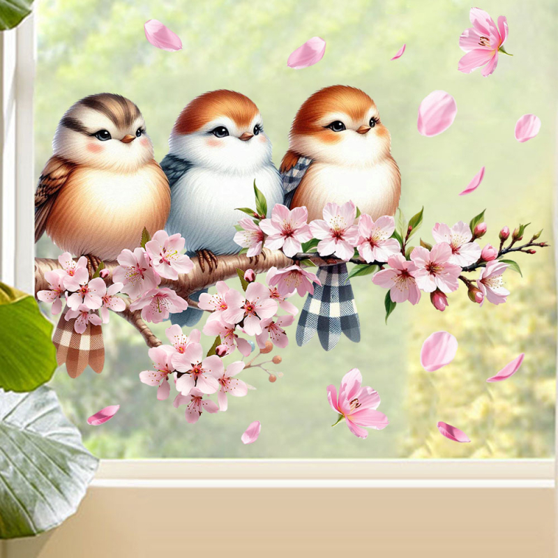 Aike Γυάλινο Αυτοκόλλητο Διακόσμησης - Κλαδί με Ροδακινιά και Σπουργίτη, Ηλεκτροστατική Πρόσκολληση, PVC, Μοντέρνο Minimal, 1 τεμάχιο, Σαλόνι και Υπνοδωμάτιο